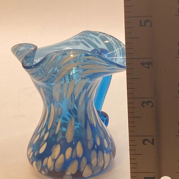 Rainbow Small Mini Pitcher Splatter Vase Blue White Hand Blown Hand Painted - Picture 12 of 13